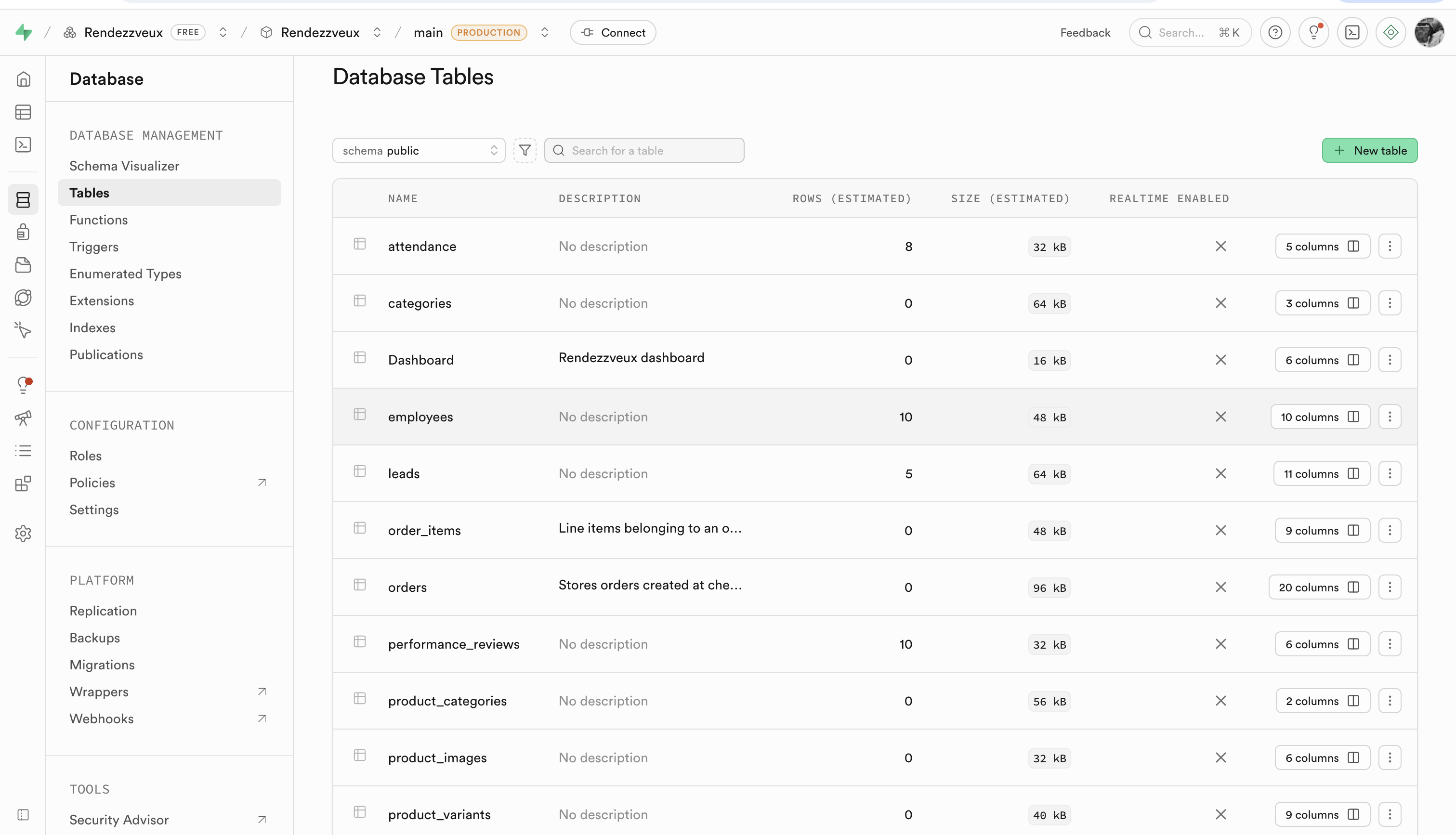 Supabase Database Tables