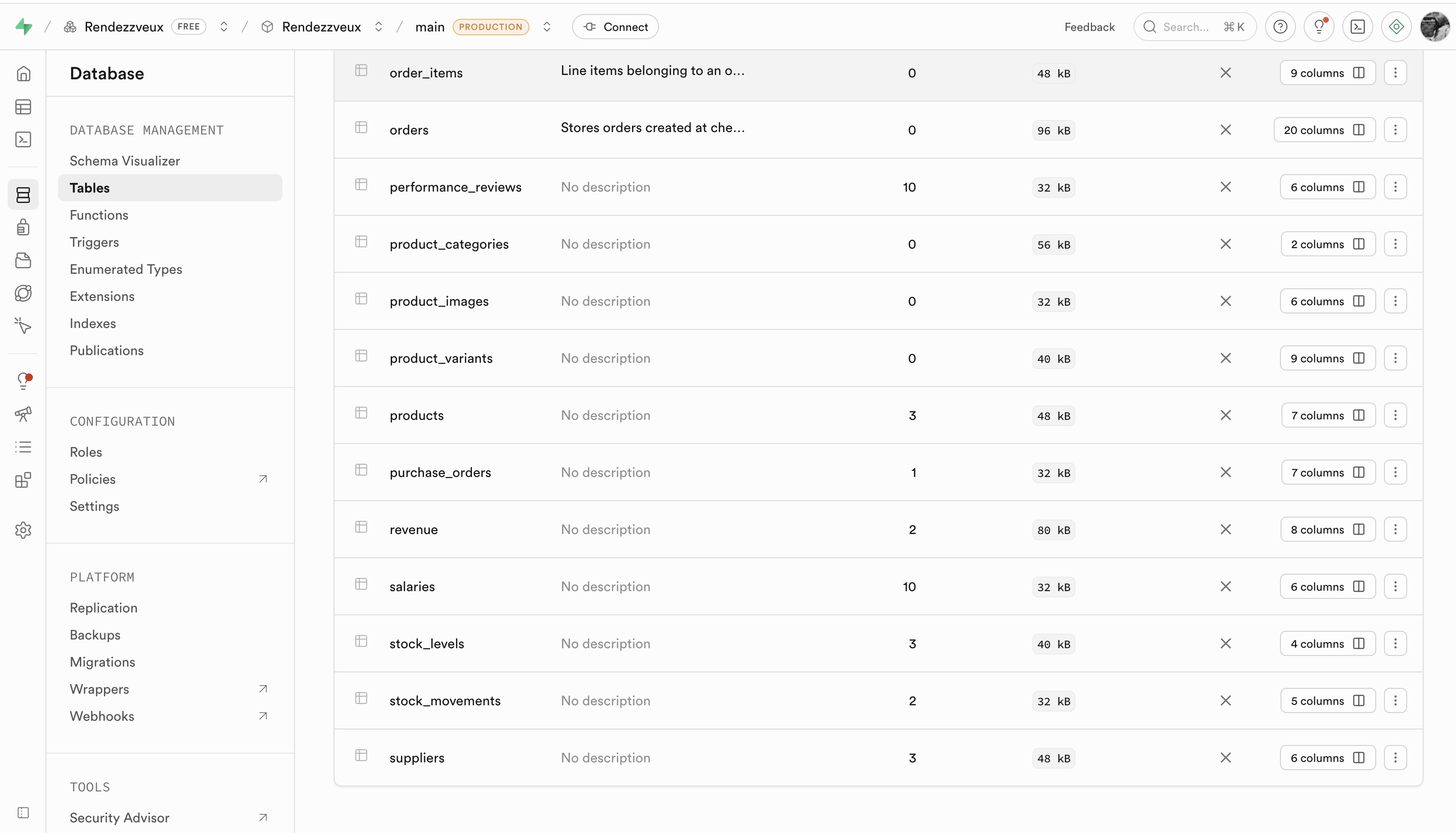 Supabase SQL Database Tables